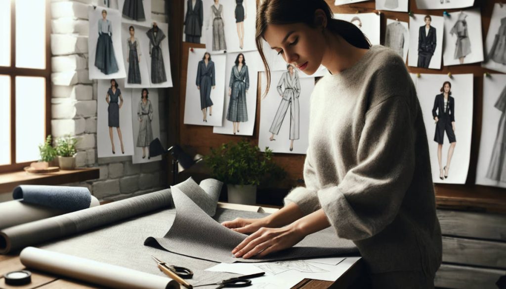 Diseñadora de moda trabajando en telas con bocetos de prendas colgados en la pared.
