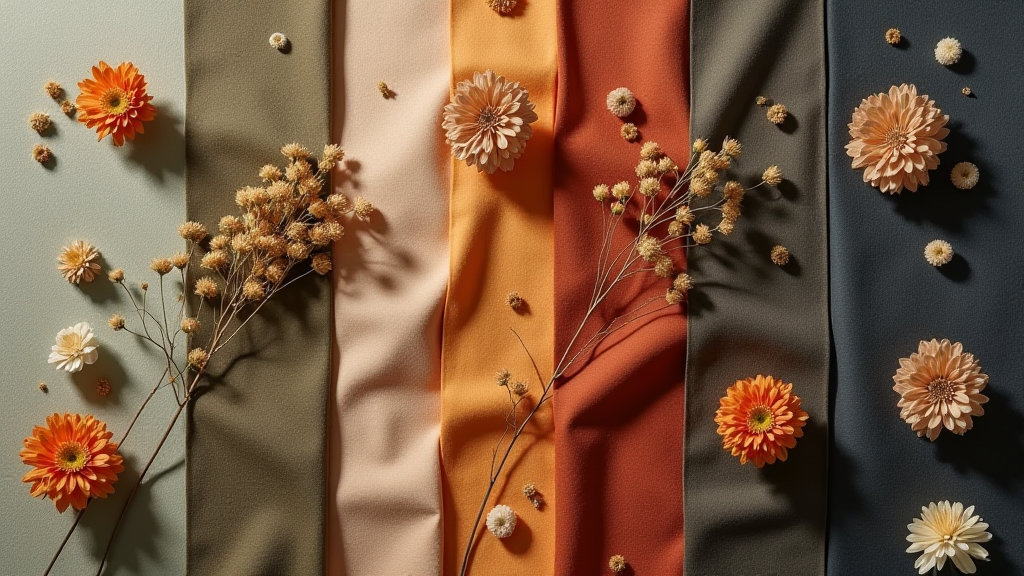 Composición artística de muestras de tejido en tonos tierra con elementos naturales y luz suave