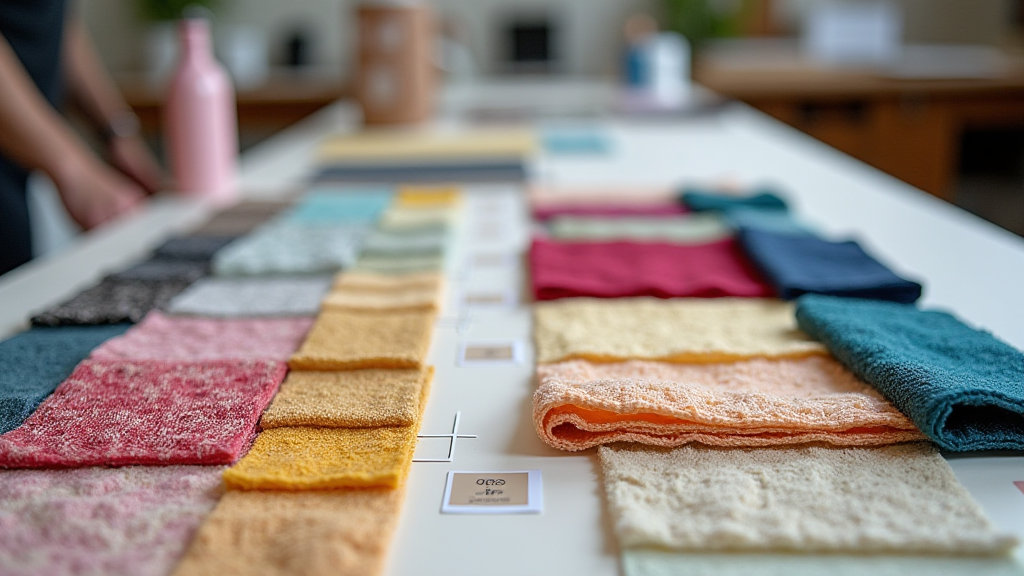 Comparativa de muestras de tejido mixto con etiquetas de composición en estudio textil