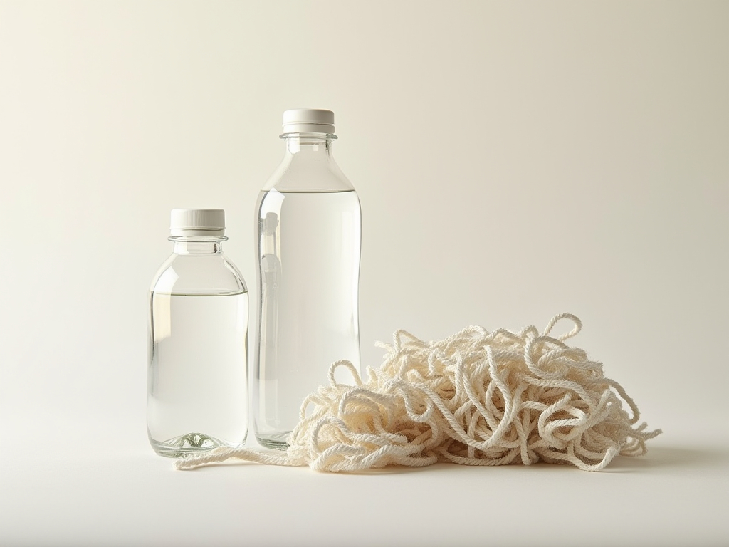 Botellas plásticas y hilos reciclados en entorno minimalista
