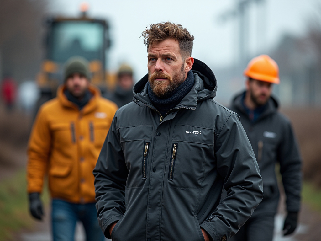 Trabajadores con uniforme softshell en ambiente frío y ventoso