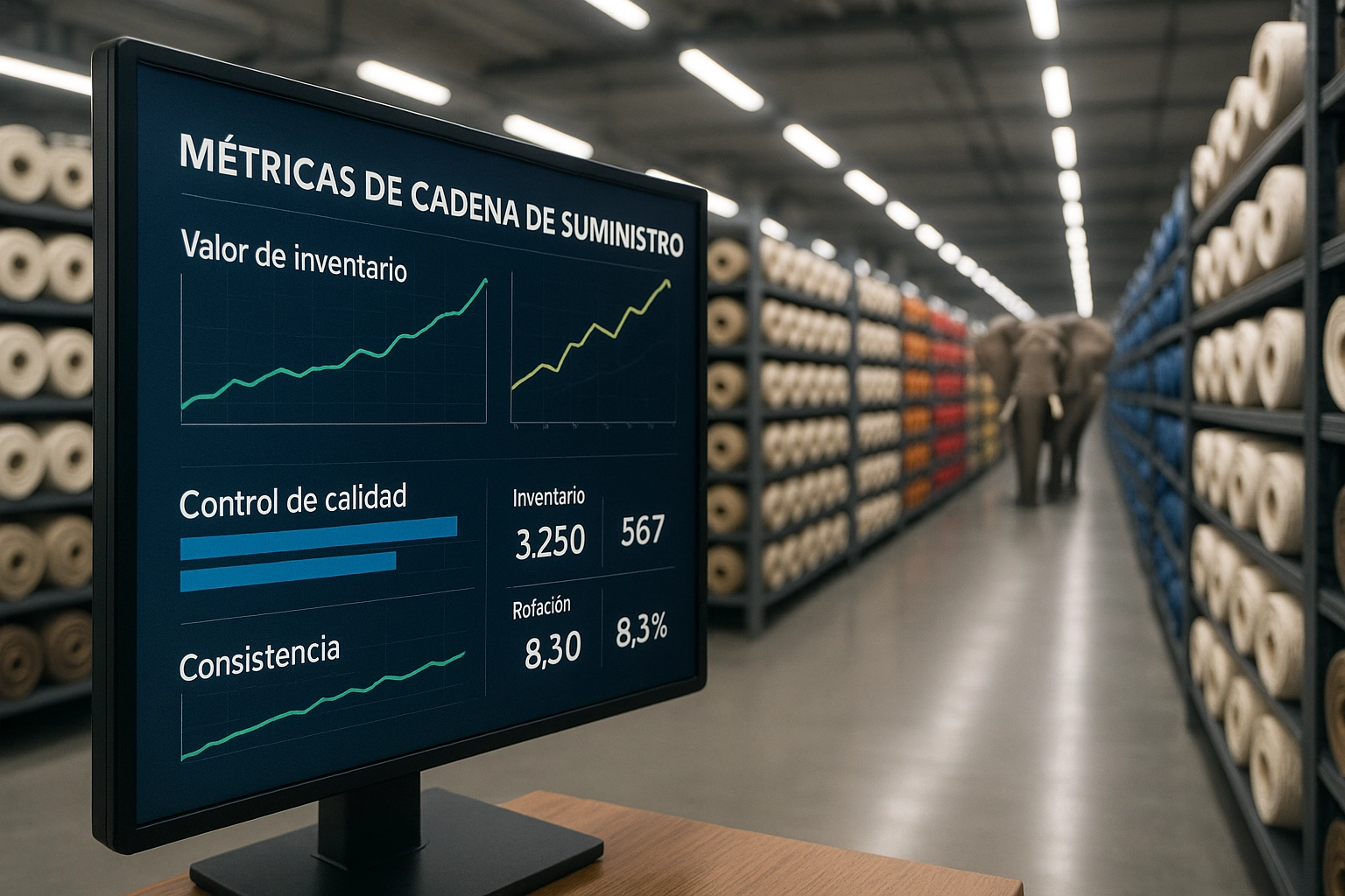 Monitor con dashboard de métricas de cadena de suministro mostrando control de calidad y consistencia de inventario en almacén textil mayorista con rollos organizados