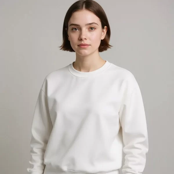 Mujer con sudadera blanca de neopreno y cuello alto, fotografía de estudio con fondo gris neutro