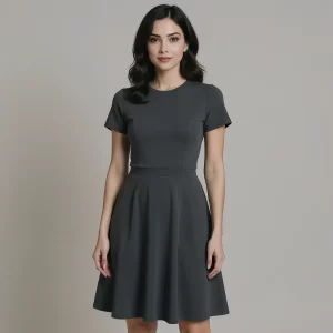 Mujer de estilo mediterráneo con falda gris de tejido Neocrêpe, fotografía de estudio con fondo neutro