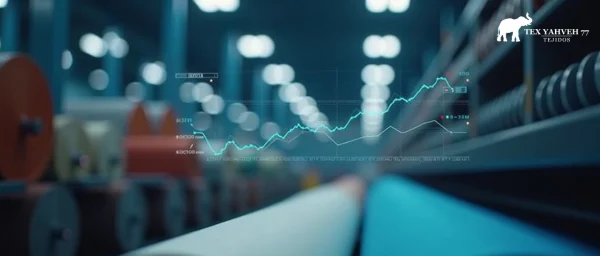 Gráficos de análisis de datos superpuestos sobre rollos de tejidos industriales mostrando integración de tecnología y análisis predictivo en sector textil mayorista