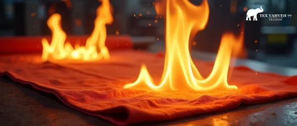 Prueba de resistencia al fuego en tejido ignífugo profesional con llamas naranjas sobre tela tratada en laboratorio de certificación textil