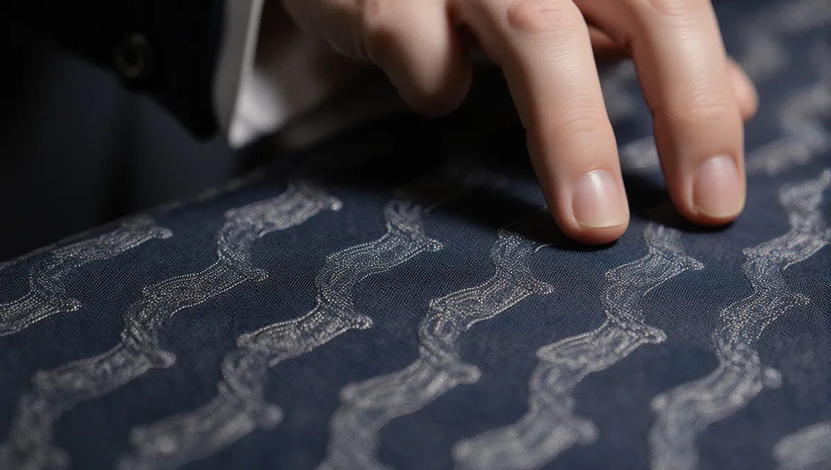 Primer plano de mano profesional tocando el relieve de un tejido Jacquard para comprobar la calidad y textura.