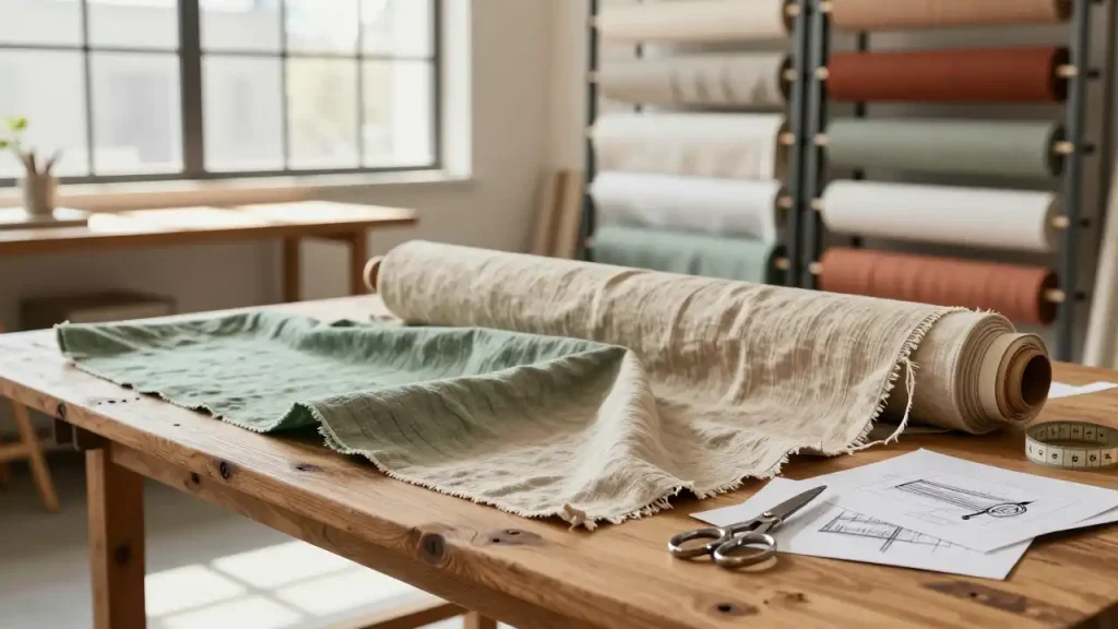 Primer plano técnico de la trama flameada en tejido de lino mezcla color natural para fabricación mayorista.